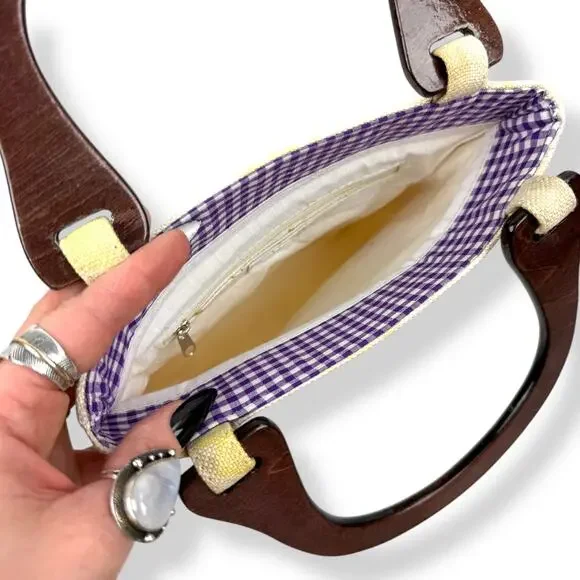 90's woven linen butterfly floral wood handle bag by FASHION EXPRESS ORIGINAL - Picture 10 of 16